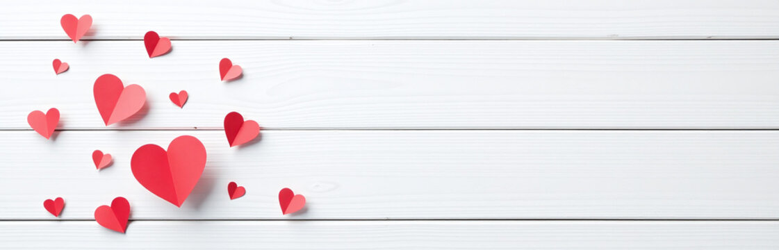 A Minimalist Design Features Small Red Paper Hearts Against A White Wooden Background, Ideal For A Postcard Or Love Message. 00001