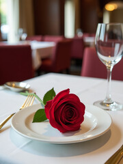 A Red Rose Sits On A White Plate With Gold Utensils On A Table In An Upscale Restaurant Interior Setting. 00002
