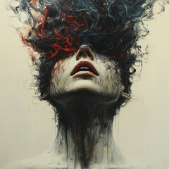 Surreal art portrait of a person with swirling fiery hair paint style, mental disorder