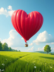 Fototapeta premium A Red Hot Air Balloon Shaped Like A Heart Soars Above A Lush Green Field On A Sunny Day. 00002