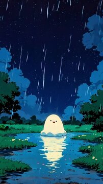 lofi, cute blobby creature, under raining, lofi, rain, rainy, 4K resolution, lofi rain animation, sound, music, 4K Lofi Japanese Anime-style background animation video, anime lofi girl, lofi animation