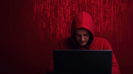 Cybersecurity Hacker in Red Hoodie Typing on Laptop with Digital Binary Code on Red Background for Technology and Security Concept
