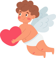 Cute cupid flying with heart in hands. Valentine's Day. Vector illustration.