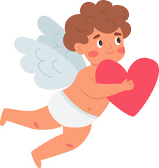 Cute Cupid carrying a heart in his hands. Valentine's Day. Vector illustration.