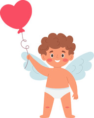 Cute Cupid holding a heart shaped balloon in his hand. Valentine's Day. Vector illustration.