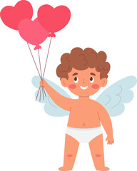Cute Cupid holding heart shaped balloons in his hand. Valentine's Day. Vector illustration.