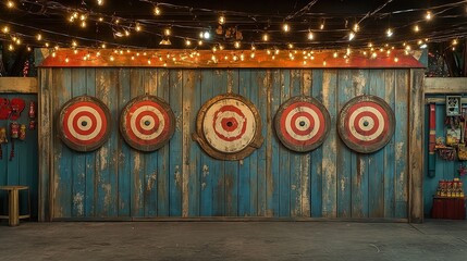  Rustic wooden target practice wall with bullseyes surrounded by warm string lights, creating cozy, nostalgic atmosphere for games or axe throwing activities in leisure settings.