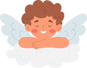 Cute Cupid sleeping on a cloud. Valentine's Day. Vector illustration.