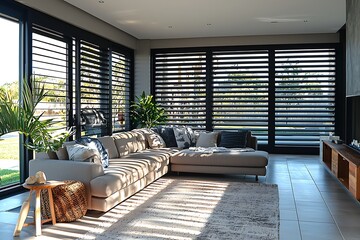 Modern lounge area featuring plantation shutters and horizontal black wooden blinds, perfect for sun protection and adding a touch of elegance.