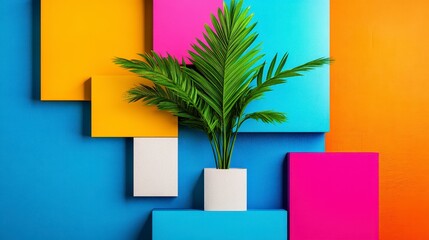 Vibrant abstract background featuring tropical plant in a modern minimalist setting with colorful geometric shapes