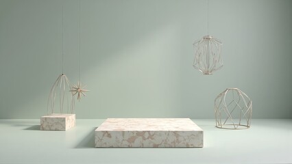 Modern Marble Platforms with Abstract Geometric Wire Sculptures