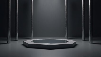Dark Contemporary Octagonal Platform with Dramatic Lighting and Architectural Pillars