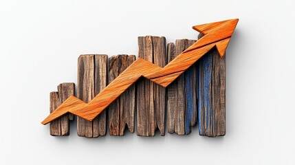 Stylized wooden graph symbolizing growth and success with upward arrows against a textured wooden background