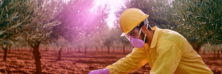 Middle Eastern man in protective gear inspects olive grove for pests, highlighting agriculture safety, in warm, earthy tones