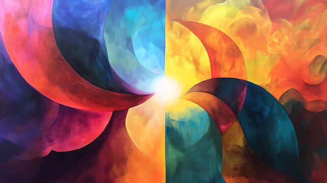 Vibrant portrayal of Cartesian dualism opposing abstract shape merging into philosophical light