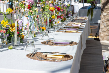 Decoration for wedding ceremony at beach front. Outdoor wedding ceremony with amazing scenery of the sea.