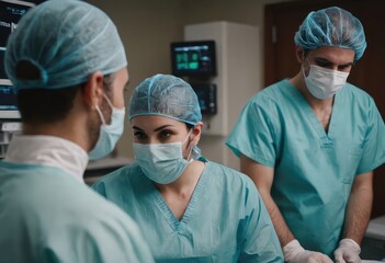 A team of surgeons dressed in masks and scrubs inside an operating room