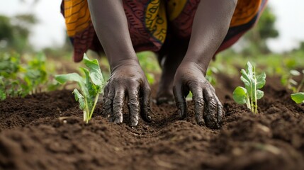 African female farmer planting seedlings in soil