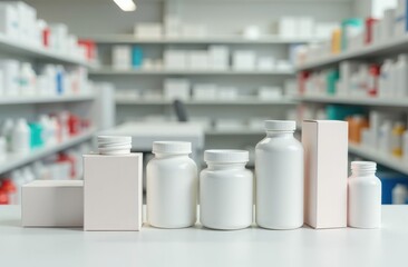 Mockup for medicine. Display of empty medicine jars and boxes in a pharmacy, ready for packaging design. In the background is a clean pharmacy area, creating an atmosphere of professionalism.