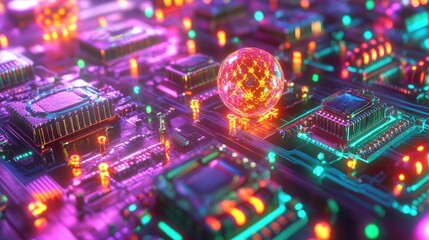 Obraz premium Conceptual image of quantum technology applied to blockchain, with quantum processors protecting blockchain networks from cyber threat