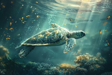 Obraz premium Creative illustration of a turtle diving into the ocean depths