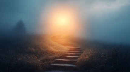 Fototapeta premium Stone Steps Ascending Towards a Misty Sunrise
