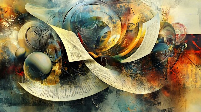 Symbolic portrayal of philosophy of language scrolls and abstract art representing dialectics