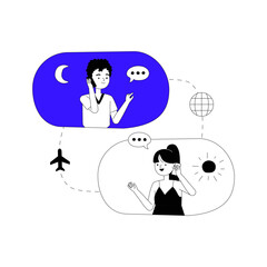 Man and Woman Engaged in Long Distance Call in Flat Vector Illustration Symbolizing Global Communication and Time Zones, Isolated on White Background.