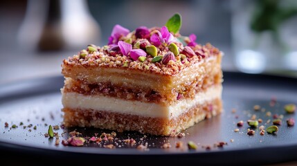  Elegant slice of layered dessert topped with rose petals and pistachios on a black plate. Vibrant colors and refined presentation ideal for festive occasions or gourmet dining.