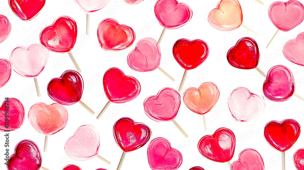 Wall mural Sweet lollipops transparent red and pink in the shape of a heart on a white background. Postcard, festive background, cover. Valentine's Day celebration