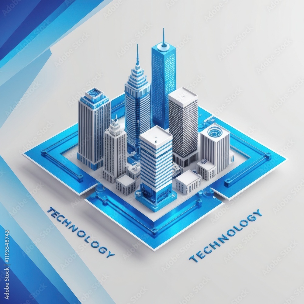Poster an image of a cityscape with skyscrapers and a futuristic design.