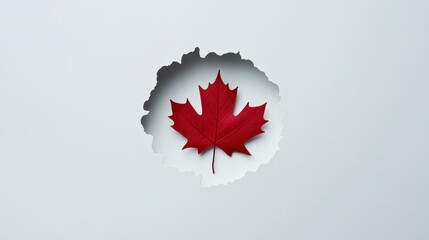 Red maple leaf peeking through a torn hole in white background, symbolizing nature and the beauty of Canada