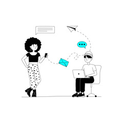 Communication Between Two People Through Messages And Emails In Flat Vector Illustration Symbolizing Digital Communication And Connectivity, Isolated On White Background.