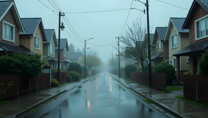 Obraz premium Residential street in foggy weather with wet pavement