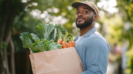 African male adult carrying grocery bag with fresh vegetables outdoors