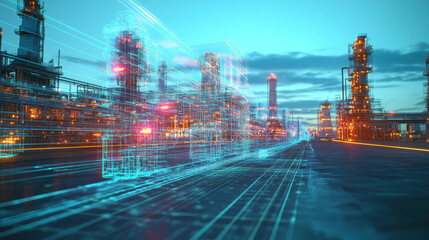 The hologram industry. Cooling towers made of polygons, triangles of points and lines. Factory low-poly compound structure. Technology concept vector.