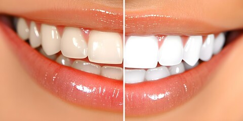 A close-up of two smiles, one with whiter teeth on the right and a slightly less bright smile on the left. Concept Teeth Whitening Comparison, Close-Up Smiles, Brightness Contrast, Dental Aesthetics