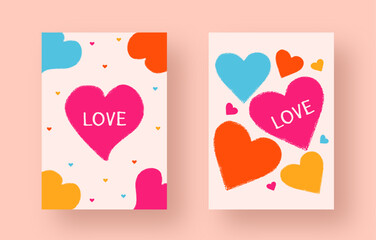 Set cards with abstract hand-drawn hearts: Hand-drawn Scribble and crayon, playful naive vector hearts, and text love—happy Valentine's Day concept.