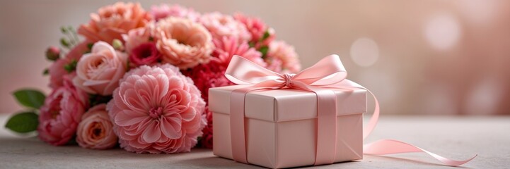 A pink gift box with a ribbon beside a pink flower arrangement. 