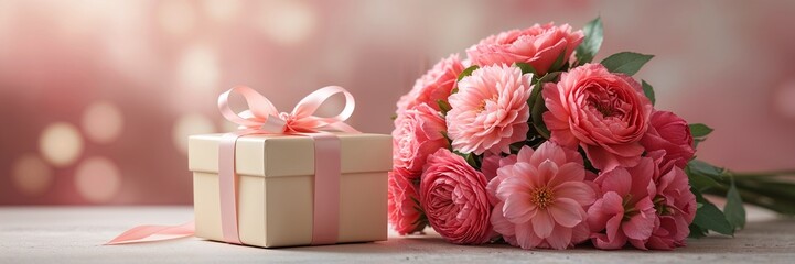 Obraz premium A pink gift box with a ribbon beside a pink flower arrangement. 