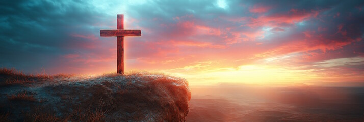 Wooden cross on a cliff at sunrise with colorful sky, concept of Easter faith and hope