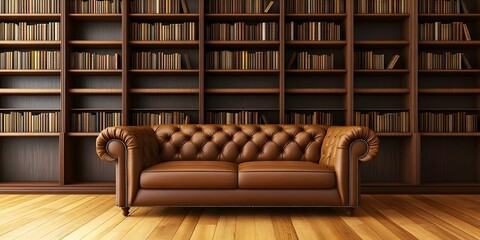 A brown leather sofa is placed in front of a wall of wooden bookshelves filled with books, with wooden flooring. Concept Cozy Living Room, Brown Leather Sofa, Wooden Bookshelves, Warm Ambiance