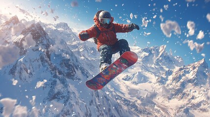 snowboarder jumping on mountain background