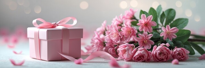 Fototapeta premium A pink gift box with a ribbon beside a pink flower arrangement. 
