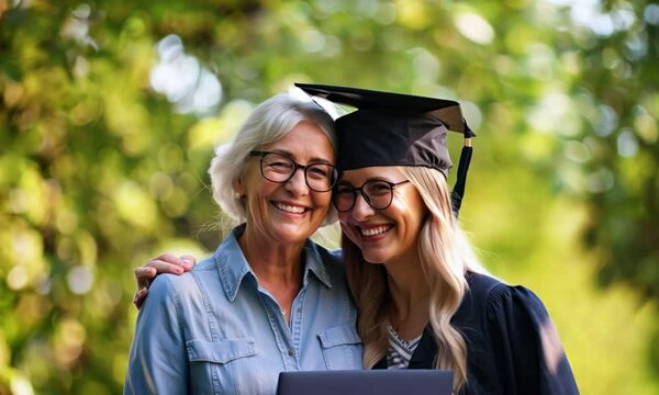 Joyful mother congratulates and hugs her daughter, a university graduate dressed in a black cap and gown, at the university graduation ceremony.