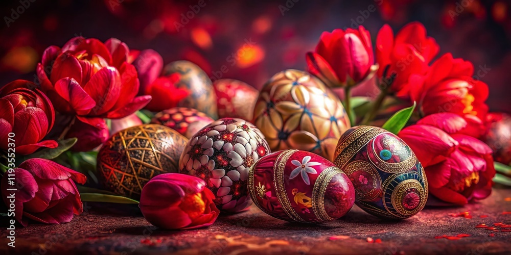 Wall mural Low Light Easter Eggs & Red Flowers on Burgundy - Festive Spring Stock Photo