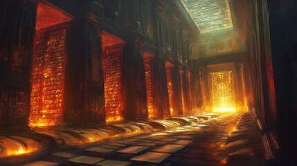 Depiction of ancient libraries filled glowing scrolls and manuscripts illuminated by philosophical light