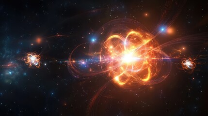 Obraz premium Conceptual visualization of quantum entanglement with bright, interconnected energy nodes in dark space