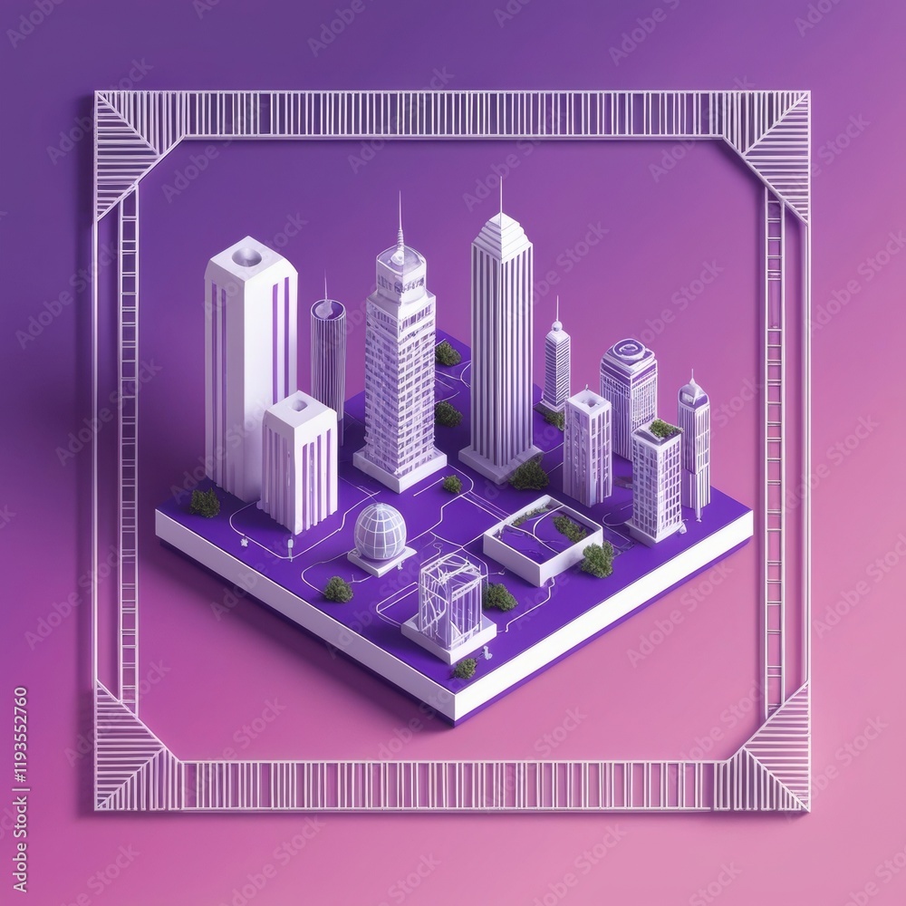 Poster purple cityscape: a futuristic and abstract representation of a modern metropolis.