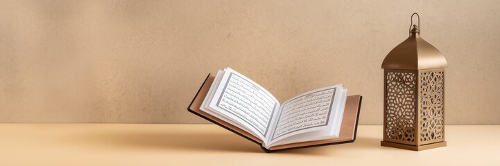 Obraz premium Quran and ornate lantern resting on a beige surface